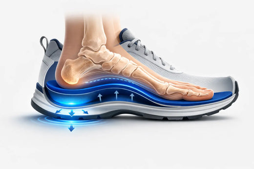 Cutaway view of a shoe showing an orthotic insole supporting the arch and cushioning the heel