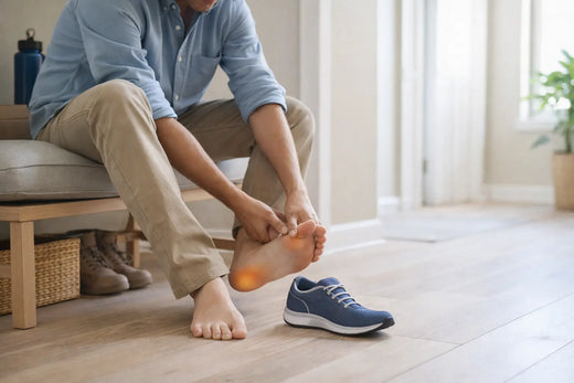 Person sitting barefoot rubbing his feet as if in pain
