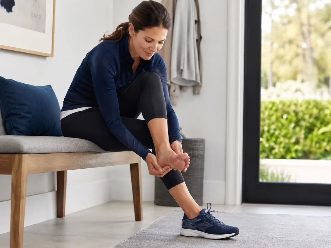 Adult sitting on a bench holding the outer edge of the foot, showing where pain on the outside of the foot is usually felt