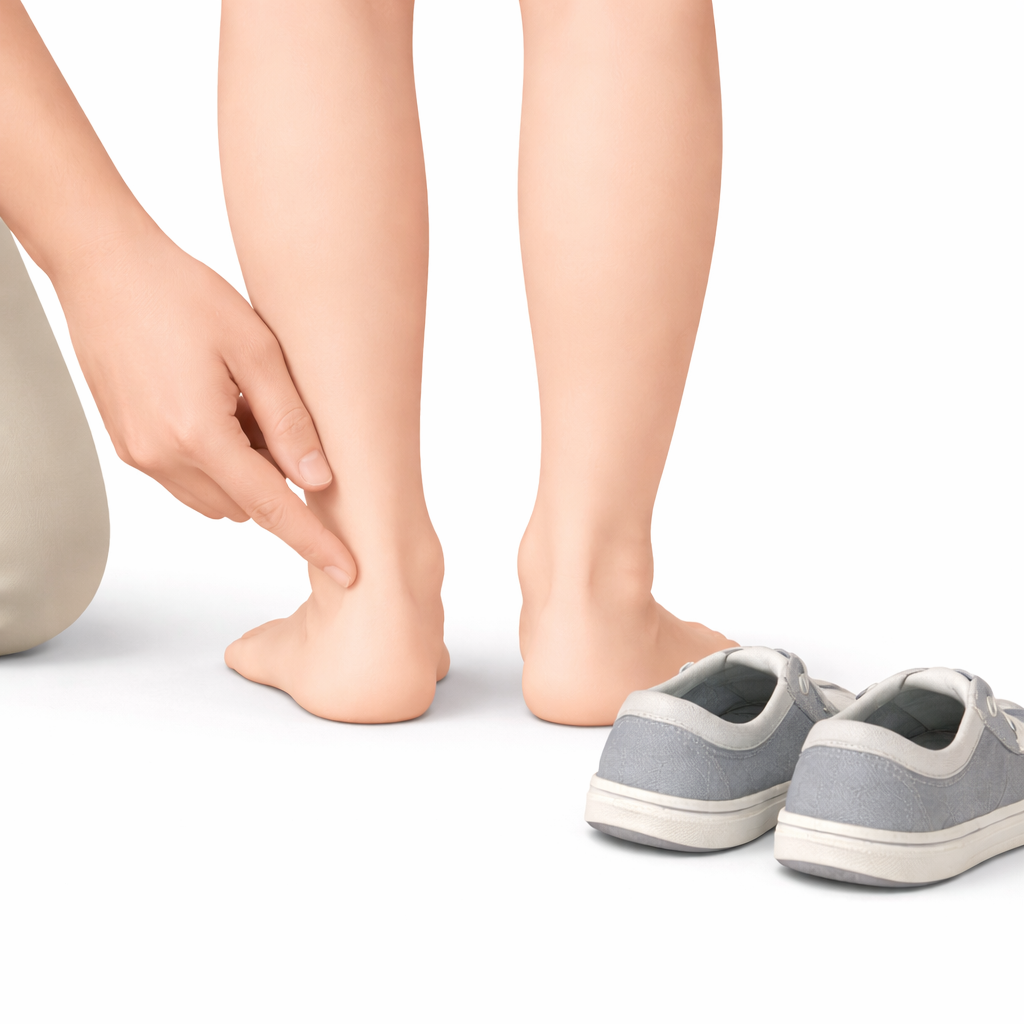 A parent checking child's feet for overpronation