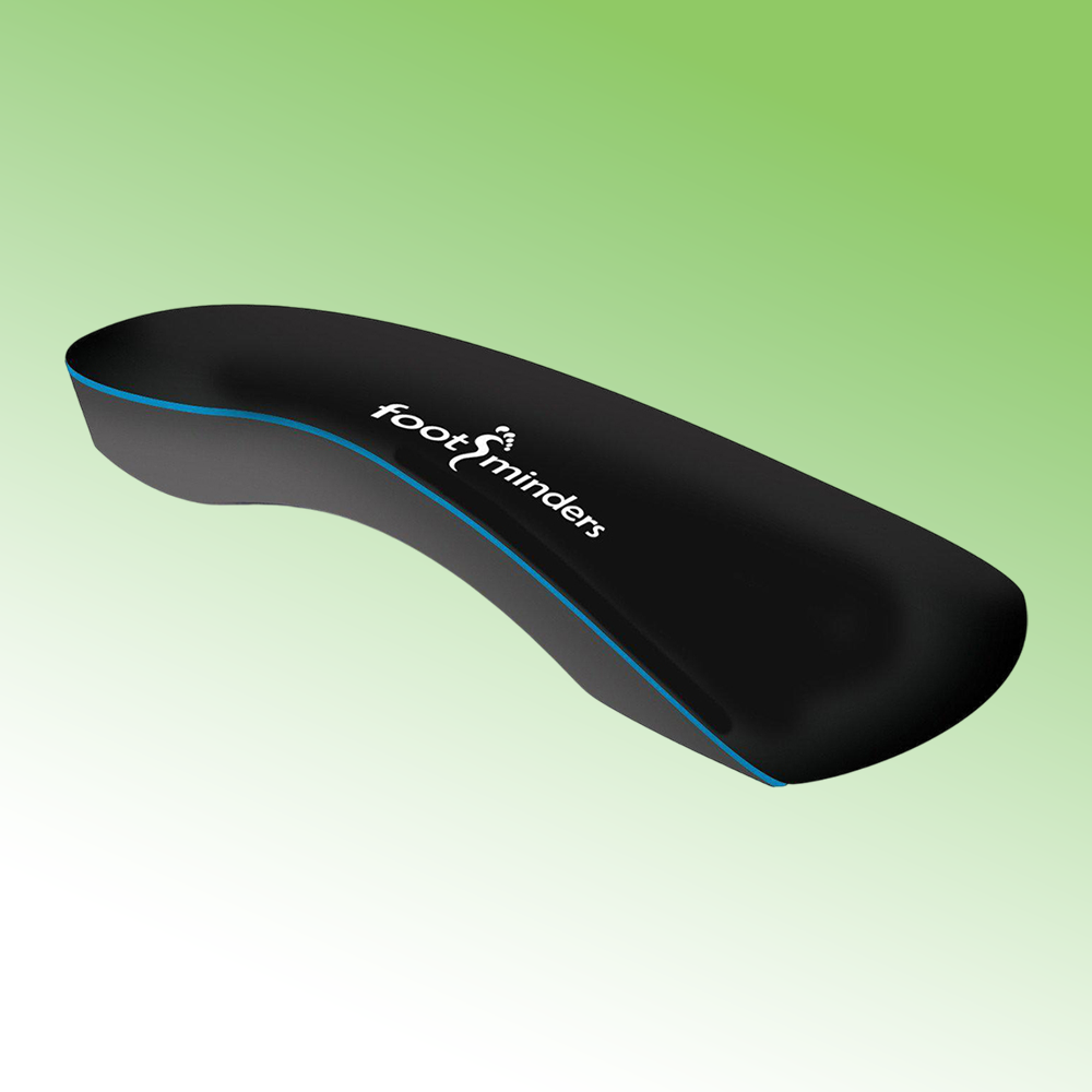 Black shoe insert with 'foot minders' branding on a gradient green background