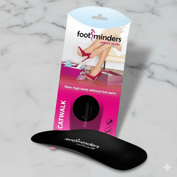 Footminders Catwalk insole packaging with a black insole on a marble background