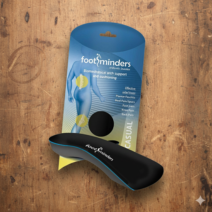 Foot minders orthotic insoles packaging on a wooden surface