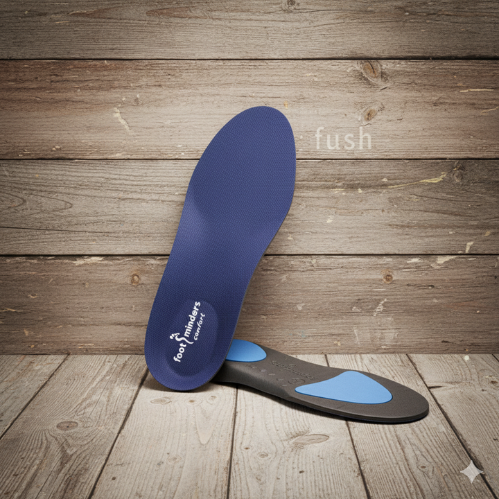 Blue shoe insole with 'fush' branding on a wooden background