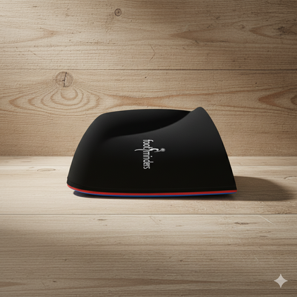 Black electronic device with 'footminder' logo on a wooden surface