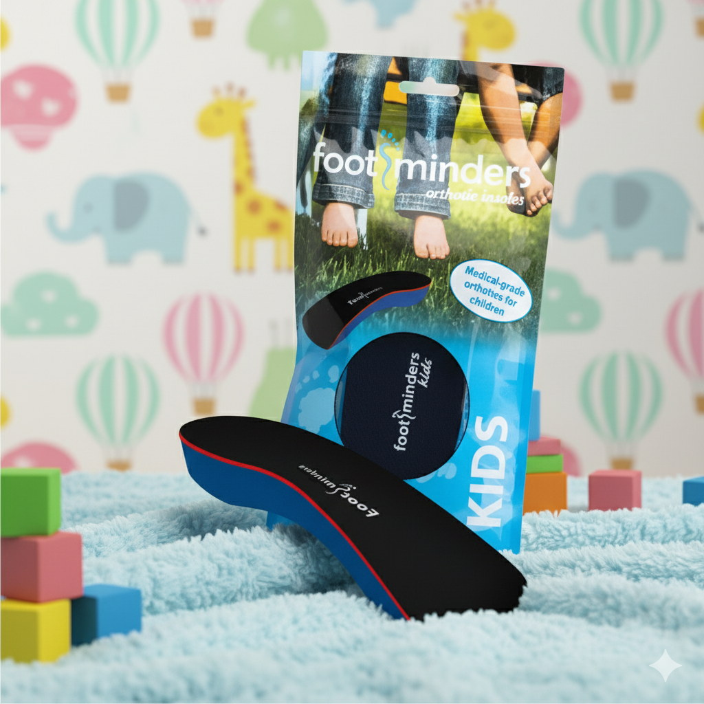 Foot minders kids insole packaging with insole on a colorful background
