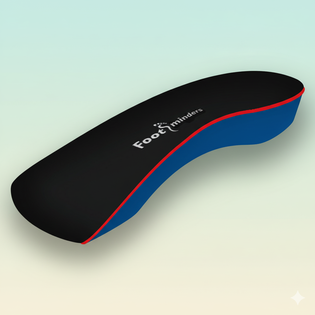 Black and blue insole with 'Foot Miners' branding on a light green background