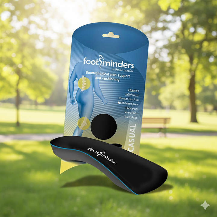 Foot minders orthotic support with packaging in a park setting