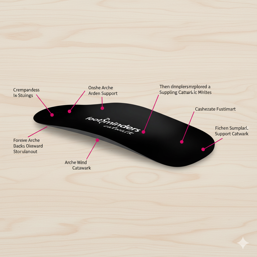 Black insole with text labels on a wooden background