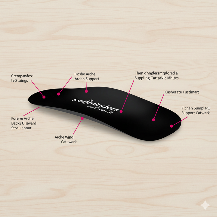 Black insole with text labels on a wooden background