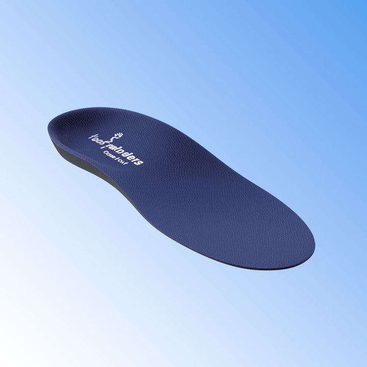 Blue shoe insole with a brand logo on a light blue background