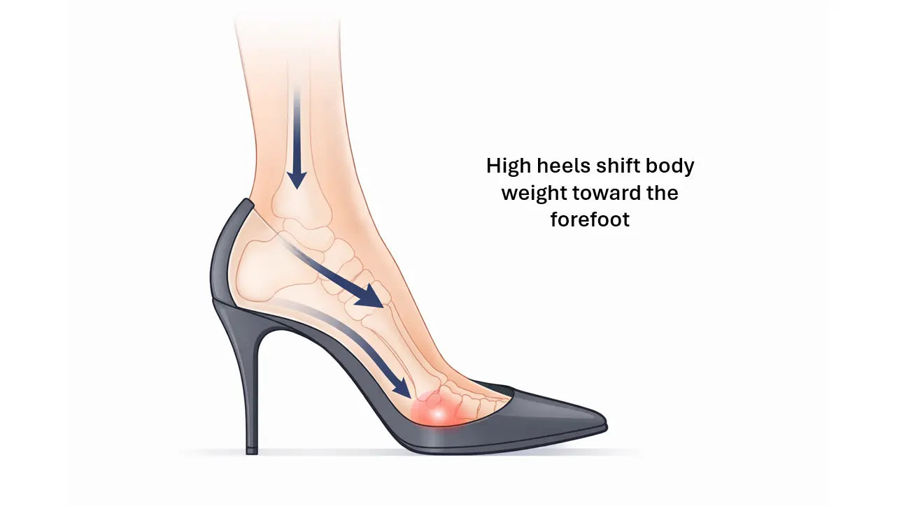 Illustration showing body weight shifting toward the ball of the foot in a high heel