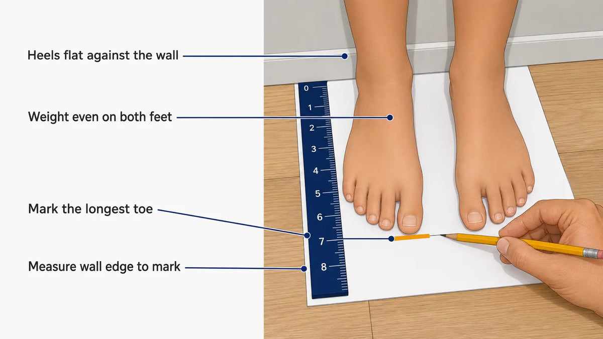 Diagram showing how to measure a child's foot length: both heels against the wall on a sheet of paper, a pencil marking the longest toe, and a ruler measuring from the wall edge to the mark.