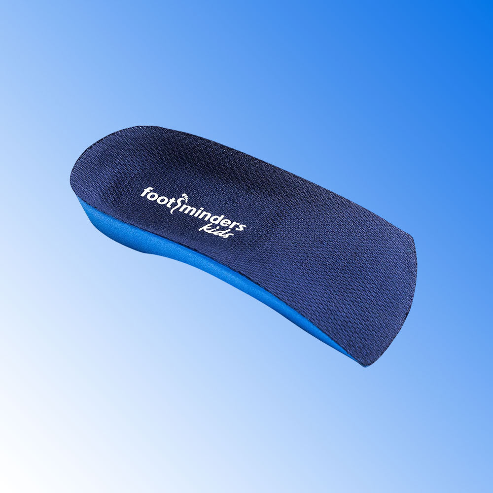 Blue and black orthotic insole with 'footminders kids' branding on a blue background