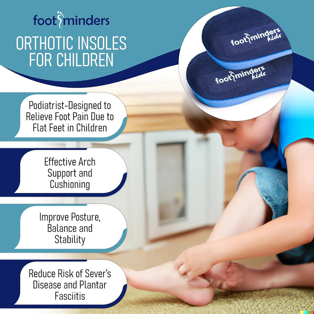 Foot minders orthotic insoles for children with a child applying them.