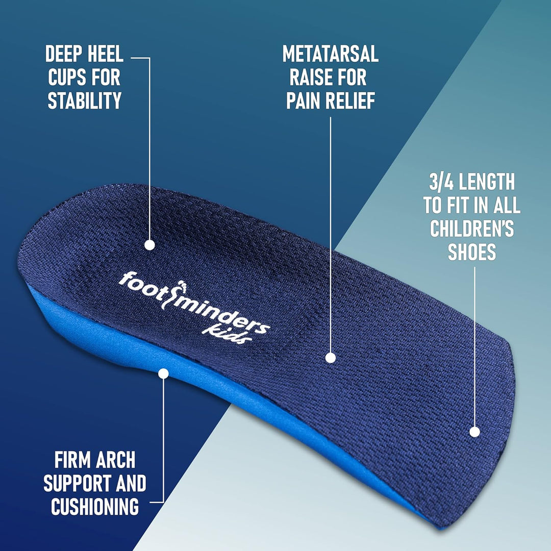Blue foot orthotic with features labeled on a blue and gray background
