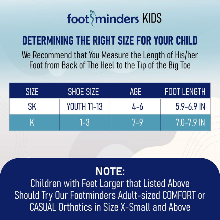 Footminders Kids shoe size chart for determining the right size for children.
