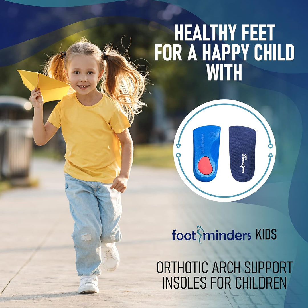 Child running outdoors with 'footminders Kids' orthotic arch support insoles advertisement.