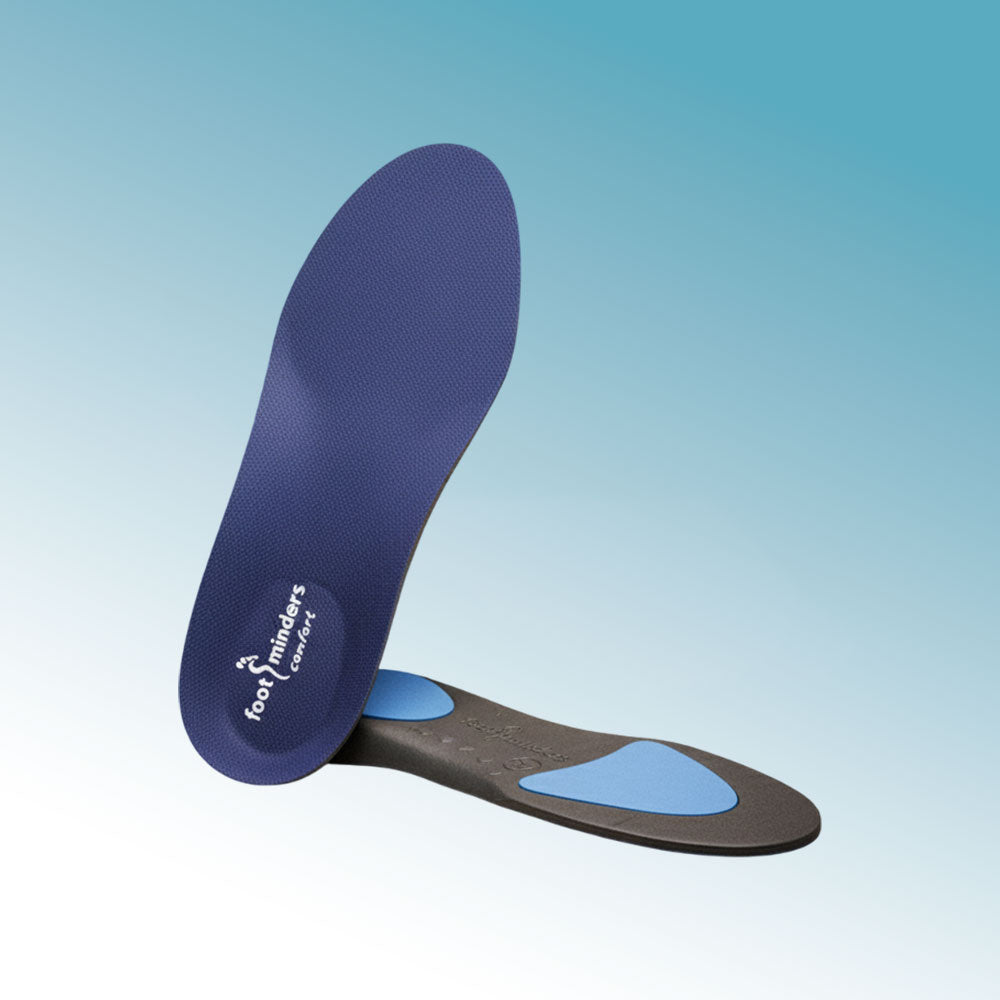 Blue shoe insole with 'foot feelings' branding on a gradient blue background