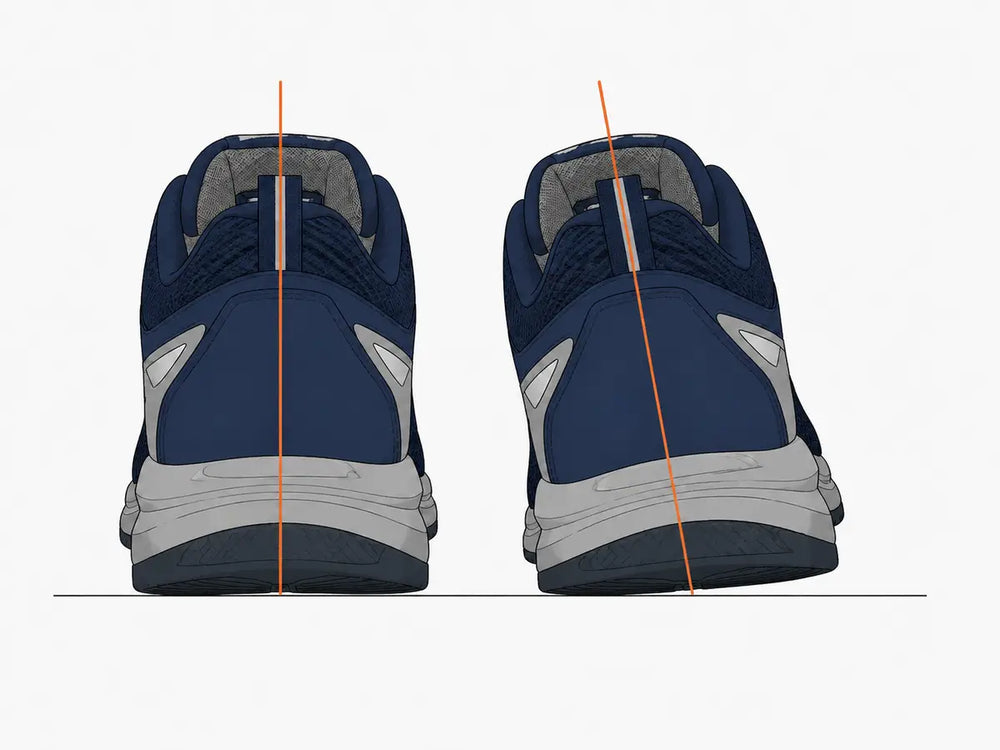 Rear view comparison of both legs: stacked straight in normal alignment, and rolled inward at the ankles with the knees drifting in during overpronation